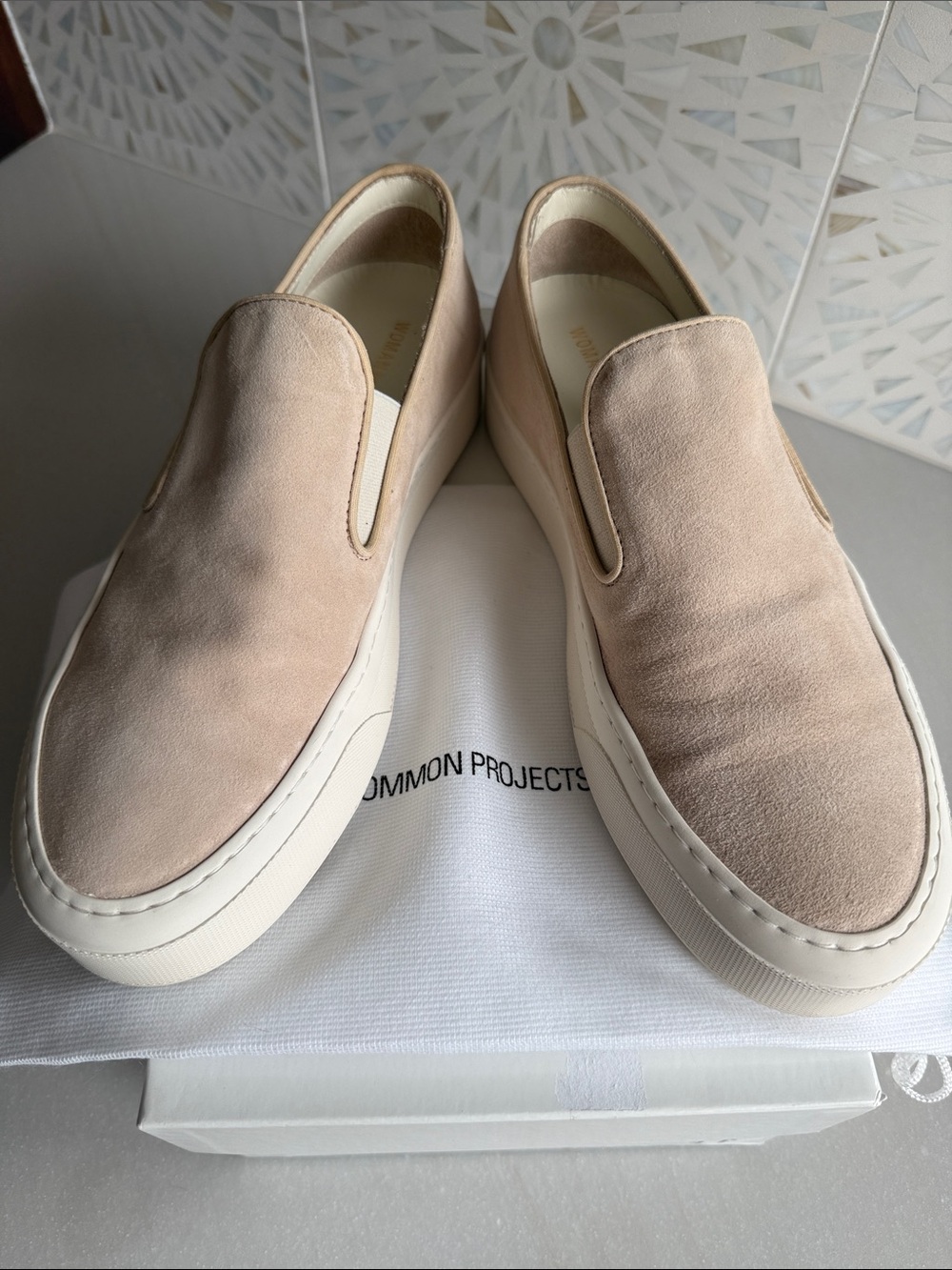 Common Projects Beige Suede Slip-On Sneakers